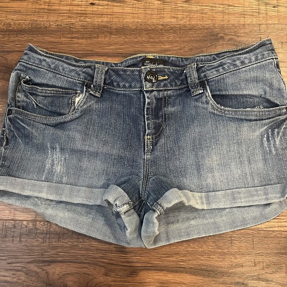 Sirens Blue Y2K Low Rise Jean Micro Mini Shorts Size 11 Cuffed Festival Summer - Picture 3 of 7